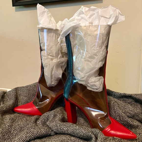 Malone Souliers Red & Navy lambskin boots with see through grey vinyl panels 38 - Picture 2 of 9